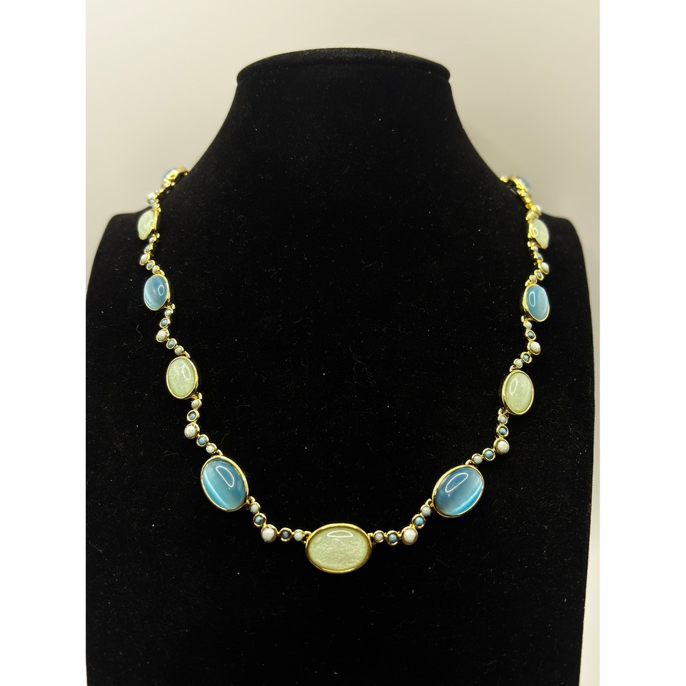 Trifari Cabochon Necklace Womens OS Blue Gold Tone Beaded Oval Link Collar